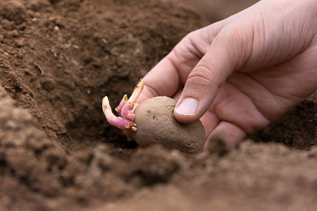 hand planting potato tuber