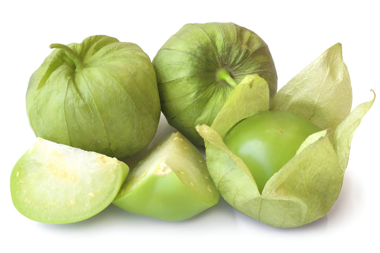 fresh green tomatillos with a husk