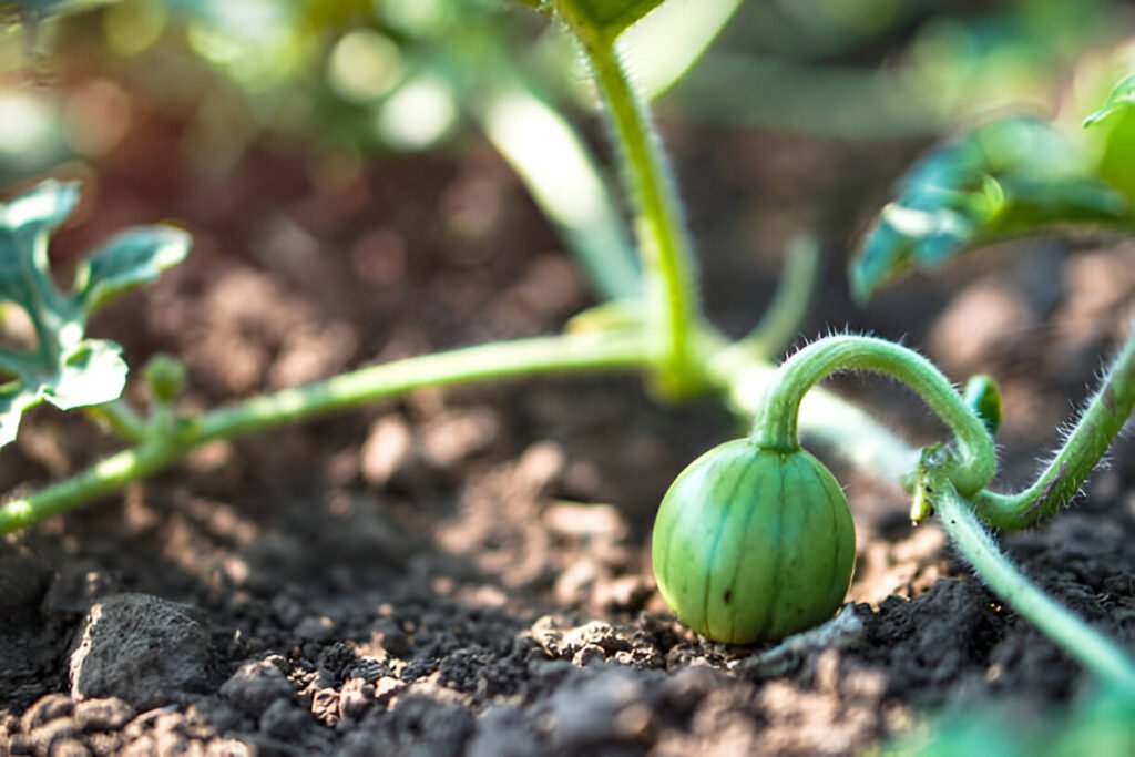 young watermelon growing in the field little-green melon in the garden